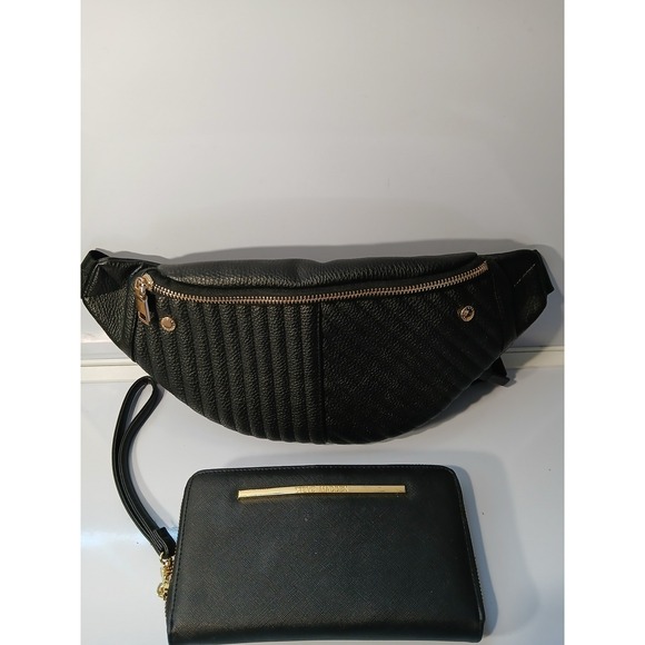 Steve Madden Black Quilted Convertible Fanny Pack Belt Bag & Matching Wallet Set - Picture 2 of 10